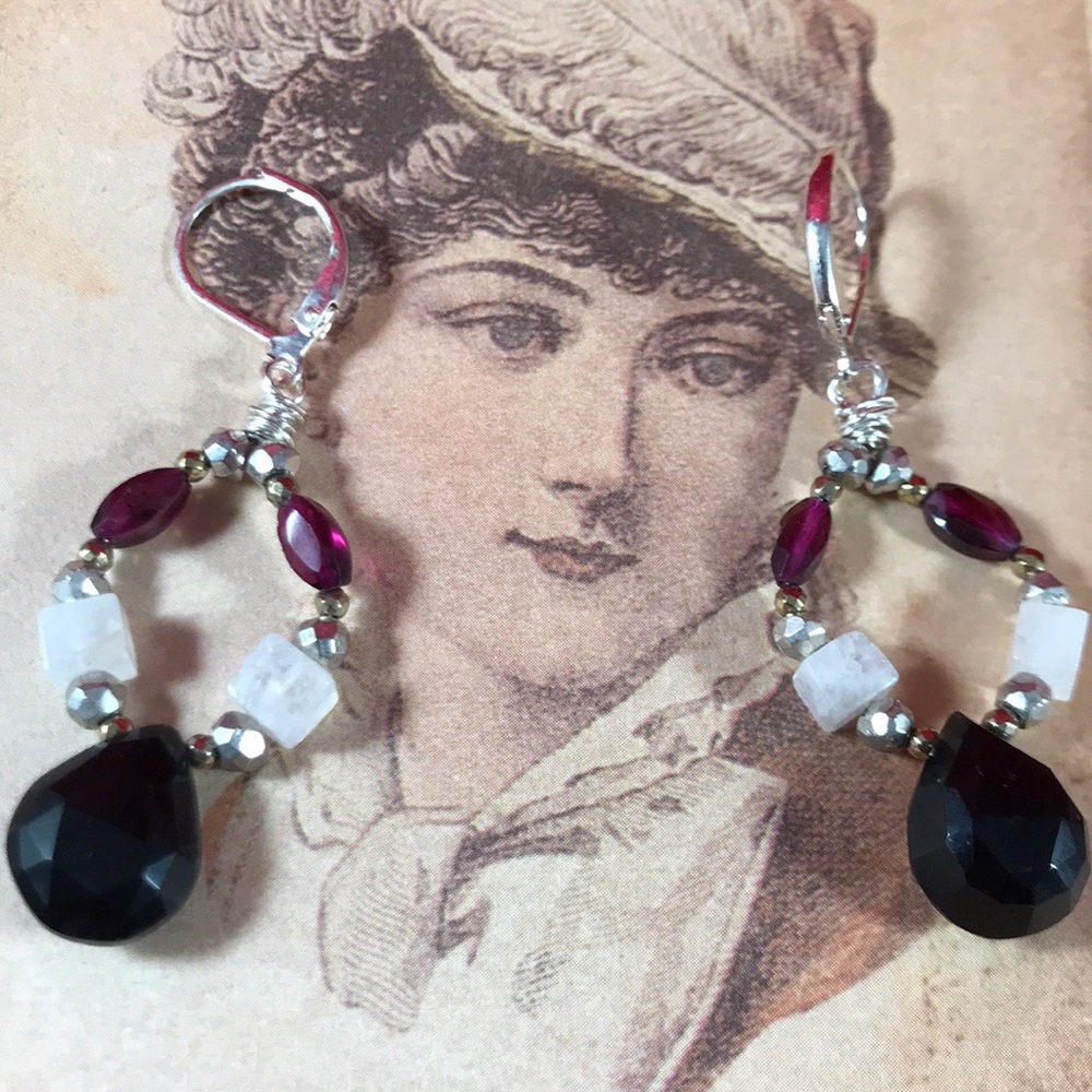 NWT onyx, garnet, moonstone, and pyrite earrings